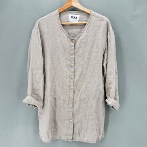 FLAX Linen Pinstripe‎ Button Front Tunic Top Shirt Beige Womens Small Lagenlook